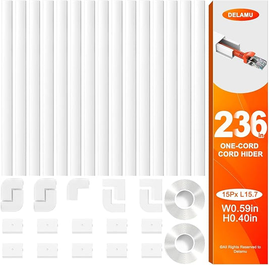Delamu 236in Cord Hider, One-Wire Cord Covers for Wires on Wall, Easy-to-Install Cable Hiders for Mounted Tv, Cable Management Kit, Cable Raceways, W0.59 H0.4in, White