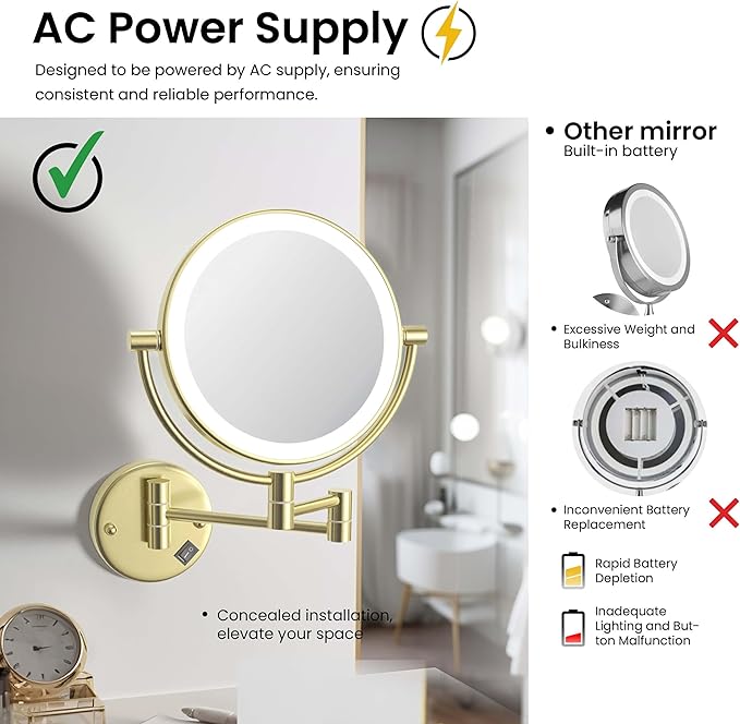 KIBI Circular Wall Mount Makeup Mirror with LED Lights, Dual-Sided 1x/5x Magnifying Mirror with Adjustable Arm, 360° Swivel, Solid Brass Construction for Durability and Style (Brushed Gold, KMM101)