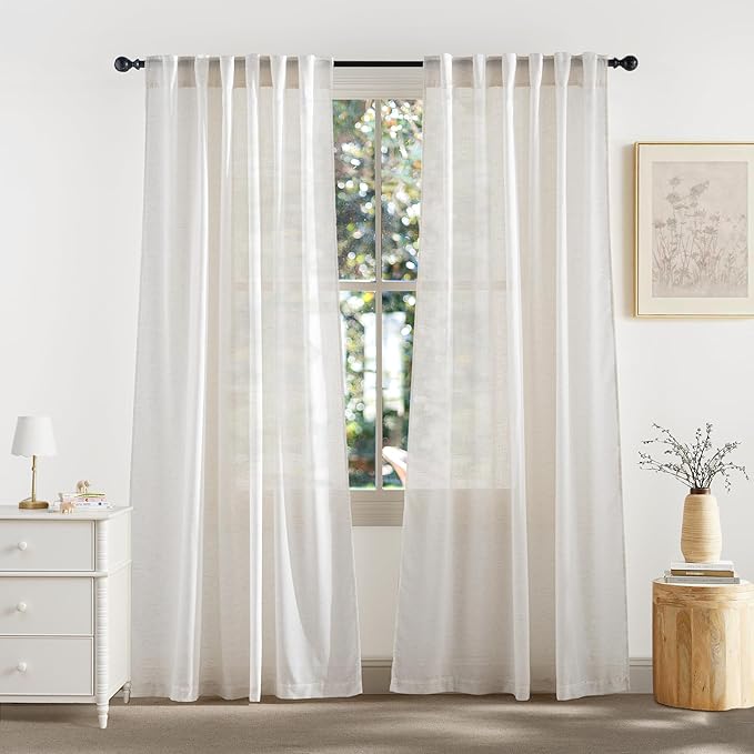 RYB HOME Sheer Curtains 84 inches Long Linen Blend Light & Airy Vertical Translucent Panels for Bedroom Living Room Office, Rod Pocket & Back Tab, W52 x L84, Ivory, 2 Panels