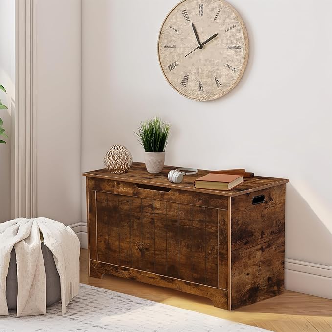 Storage Chest, Wooden Storage Bench with Flip-top Lid & Safety Hinge, Storing Trunk for Entryway, Living Room, Bedroom, Rustic Brown