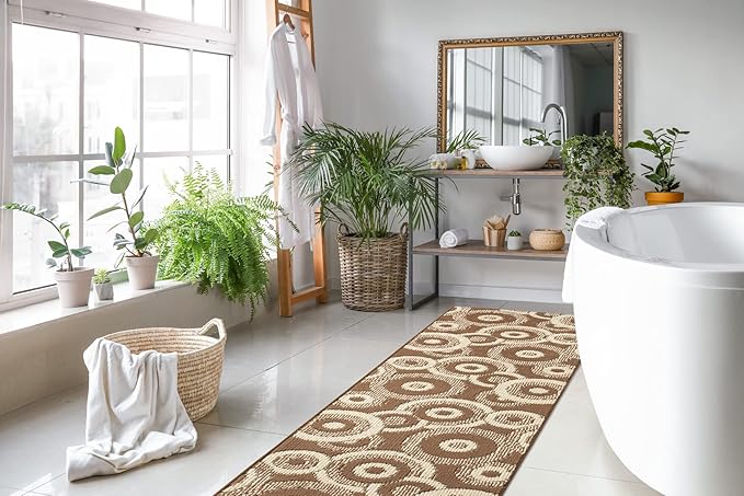 Custom Length Cut to Size Modern Farmhouse Carpet Runner Rug for Hallways, Non Slip Rubber Backed, 31 inch Wide X Customized Length, Geo Brown, 31 inch X 30 feet