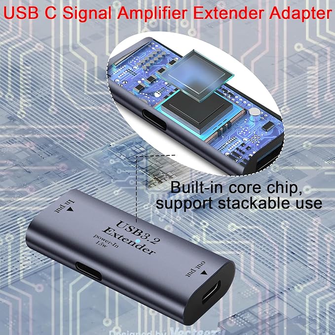 QIANRENON USB C Signal Amplifier Extender Adapter Extension 10m/32.8ft USB C 3.2 Long Distance Charging Data Connector 5Gbps 5V/3A, Built-in Chip/LED/Al Alloy Shell, with USB C 15W Power Port