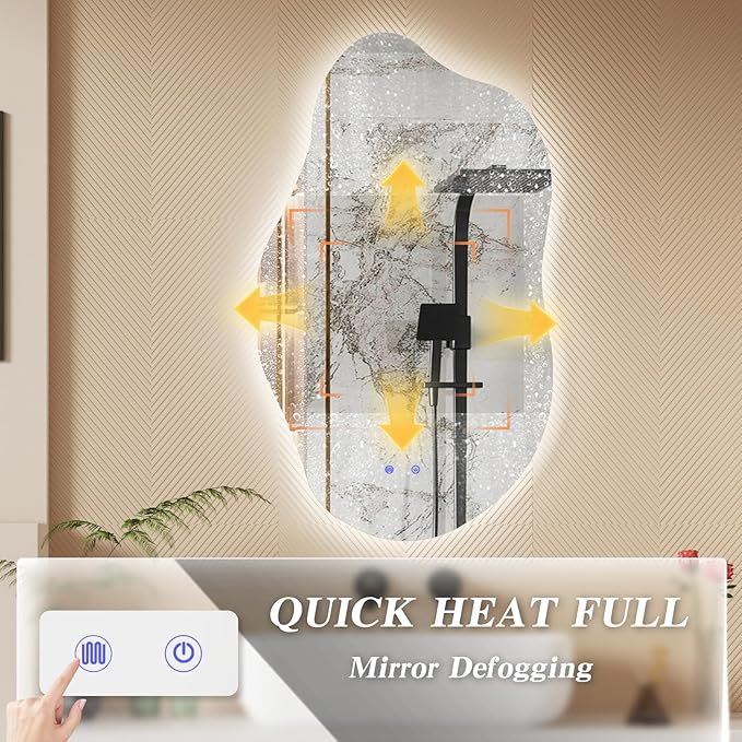 QDSSDECO Irregular LED Bathroom Mirror with Lights,Asymmetrical Led Bathroom Vanity Mirror for Wall with Front and Backlit, Anti Fog, 3 Colors and Dimmable Light, 19.7" x 33.5"