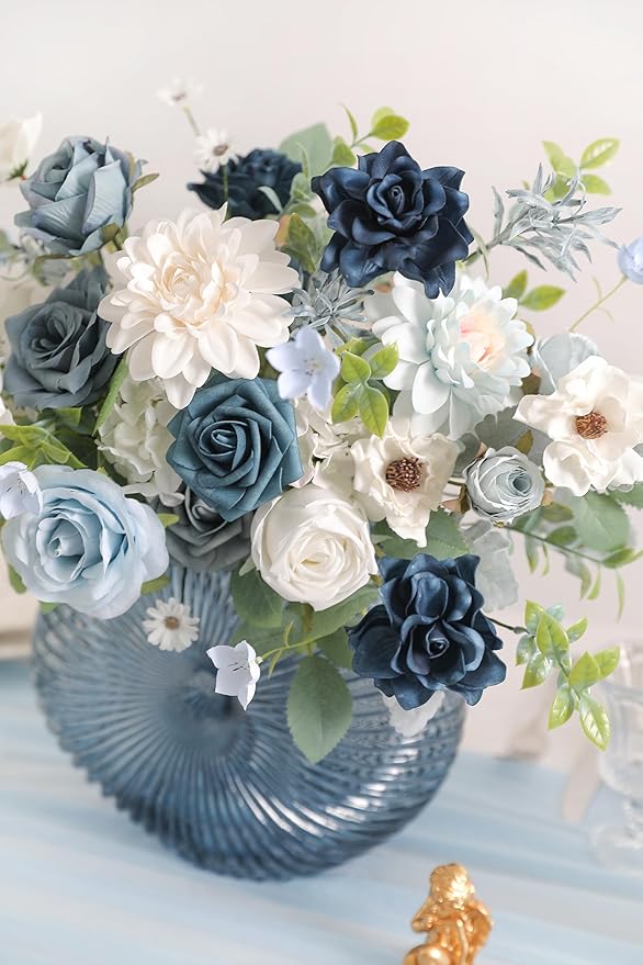 Blue Artificial Flowers Combo Box Set Silk Flowers Fake Rose for DIY Floral Arrangements Wedding Bouquets Centerpieces Baby Shower Party Home Decorations