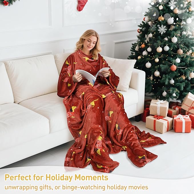 Catalonia Xmas Dachshund Print Wearable Blanket with Sleeves and Foot Pocket – Ultra-Soft Warm Fleece Long Throw Snuggly Blanket for Sleeping & TV Time – Cozy Christmas Gift for Women & Men
