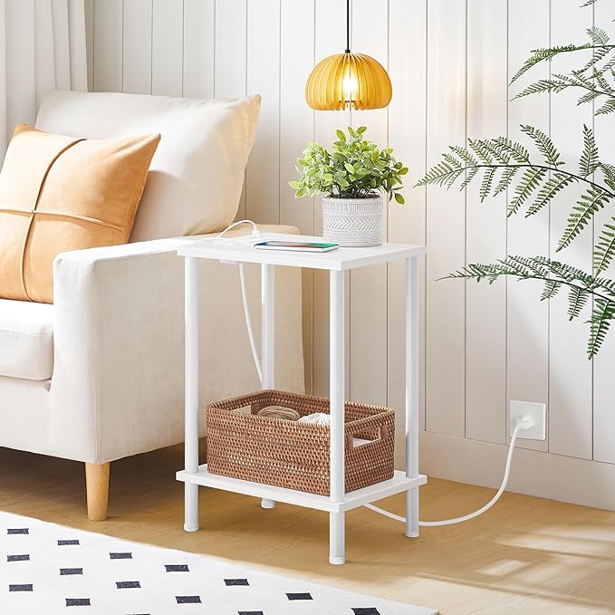 HOOBRO Side Table with Charging Station, End Table with USB Port and Outlets, Nightstand with 2-Layer Storage Shelves for Small Spaces, Living Room, Bedroom, White WW09UBZ01