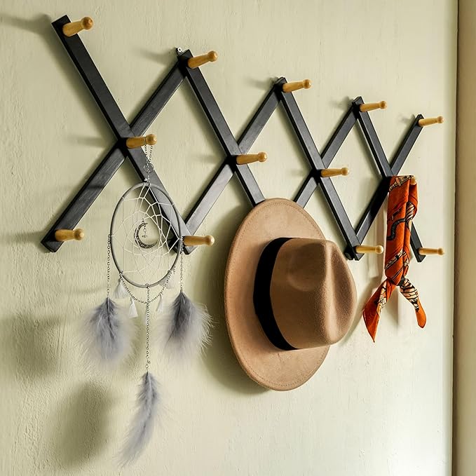 SKOLOO Hat Rack for Wall with 14 Hooks, Solid Wooden, Modern, Expandable Coat Rack Wall Mount for Coats, Hats, Bags, Baseball Caps, Natural on Black