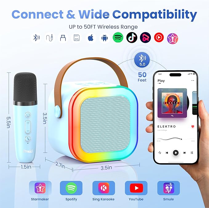 Mini Karaoke Machine for Kids Adults, Kids Toys Portable Karaoke Microphone Singing Speaker, Karaoke Player with 2 Wireless Mic, Birthday Gifts for Girls Ages 4, 5, 6, 7, 8, 9, 10, 12+ Years Old(Blue)