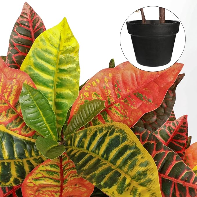 Briful 3.4ft Artificial Croton Tree Fall Decor, Faux Croton Tree with Colorful Variegated Leaves and Pot, Indoor & Outdoor Floor Plant, Home Farmhouse Decor