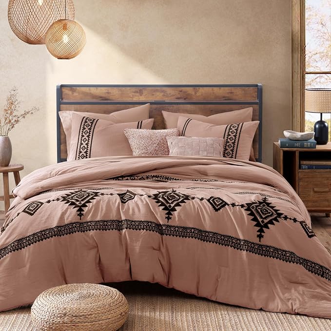 MaiRêve Embroidery King Size Comforter Set Dusty Pink, Boho Farmhouse Western Bedding Set 7 Pieces, All Season Bed in A Bag Comforter Set with Sheets, Pillowcases & Shams