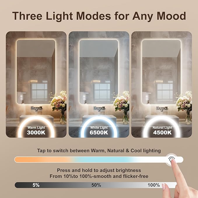 48''x36'' Lighted Mirrors for Bathroom Wall Backlit Rectangular Rounded Corners, LED Bathroom Mirror Frameless with Lights Anti Fog, Dimmable, 3 Colors,Tempered Glass, Shatter-Proof (Color 2)