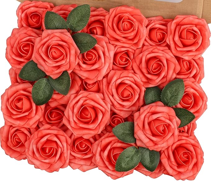 MACTING 30PCS Artificial Rose Flowers Real Touch Coral Red Flowers with Stem Fake Roses for DIY Wedding Bouquet Table Centerpieces Party Holiday Baby Shower Home Spring Mothers Day Decorations