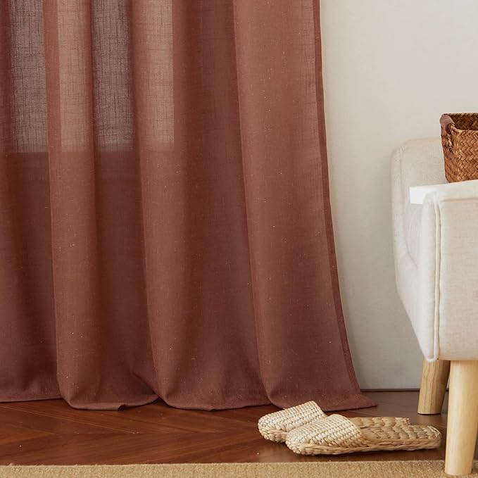 RYB HOME Flax Linen Blend Curtains 90 inches Long for Dining Room, Semi Translucent Wrinkle Resistance Washable Sheer for Laundry Room Bathroom, W 52 x L 90 inches, Terracotta, 2 Panels