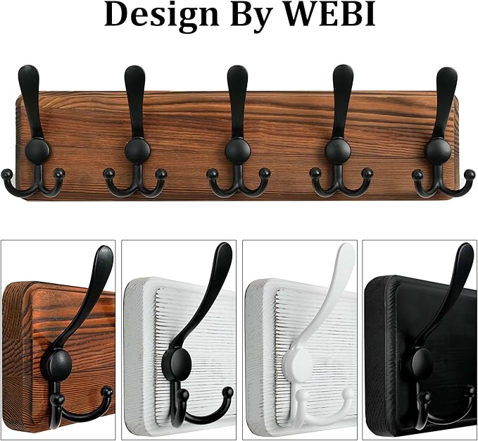 WEBI Rustic Coat Rack Wall Mounted,Wood Coat Hanger Wall,5 Coat Hooks,16" Hole to Hole,Hook Rack Rail,5 Triple Hooks for Hanging Jacket,Clothes,Hats,Entryway,Brown,2 Packs