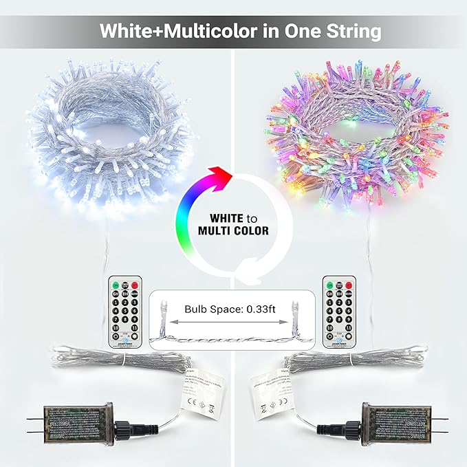 Brizled Color Changing Christmas Lights, 65.67ft 200 LED Dual Color Christmas Tree Lights with Remote, Cool White & Multicolor 11 Function Xmas String Light Indoor Outdoor for Xmas Party Home Wedding