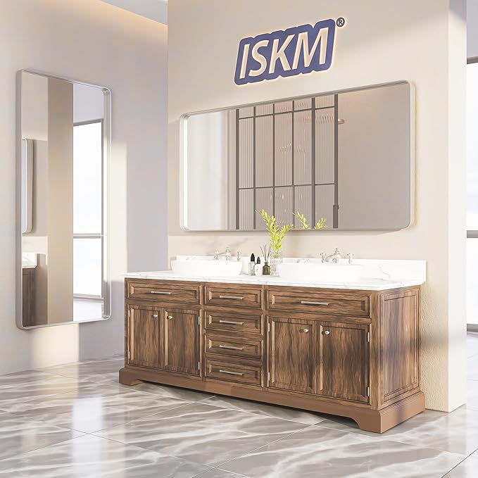 ISKM Silver Framed Mirror for Bathroom 55" x 36" Matte Bathroom Vanity Mirror Anti-Rust, Tempered Glass, Rounded Rectangle Mirror(Horizontal/Vertical)
