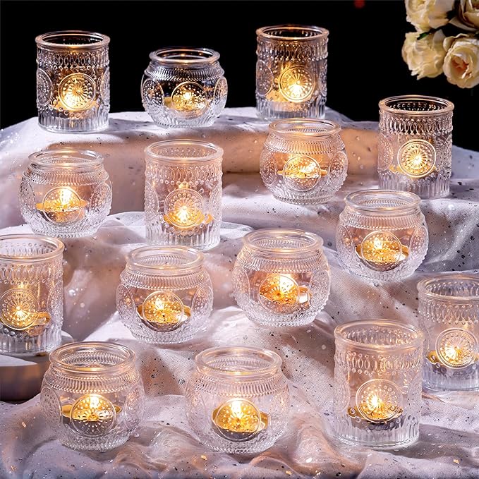 DARJEN 48Pcs Clear Votive Candle Holders - Glass Tea Light Candle Holder, Candle Holders Bulk, Embossed Candle Votives for Wedding Centerpiece & Home Decor