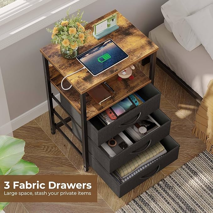 Seventable Nightstand with Charging Station and LED Light, Set of 2 Side Table with 3 Fabric Drawers, Bedside End Table with USB Ports and Outlets, Night Stand for Bedroom, Rustic Brown