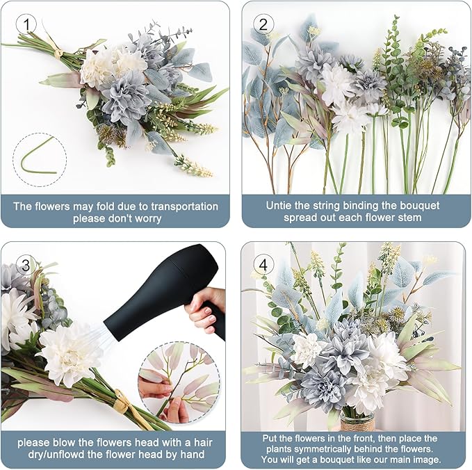 Fake Artificial Flowers Bouquet for Decoration, Silk Floral Arrangements Faux Flowers Plant Wedding Bride Bouquets Tables Centerpieces for Rustic Home Decor Indoor Vase Floral Table Decor (Blue White)