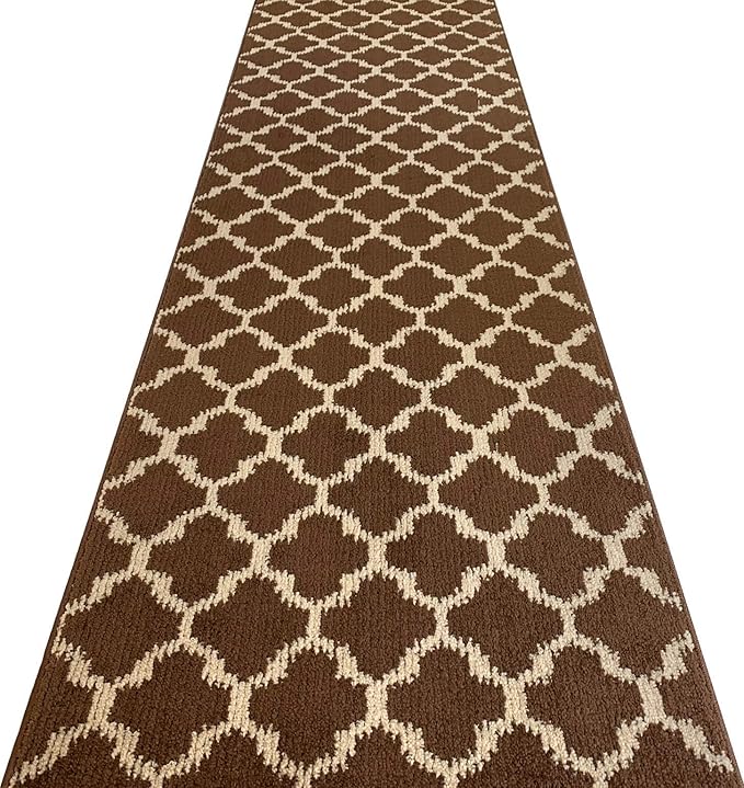 Custom Size Cut to Length Moroccan Trellis Design Runner Rug Mat For Wide Long Hallways with Non-Slip Rubber Backing, Better Traction for Pets, Prevent Slippage, Trellis Brown, 31 inch X 10 feet