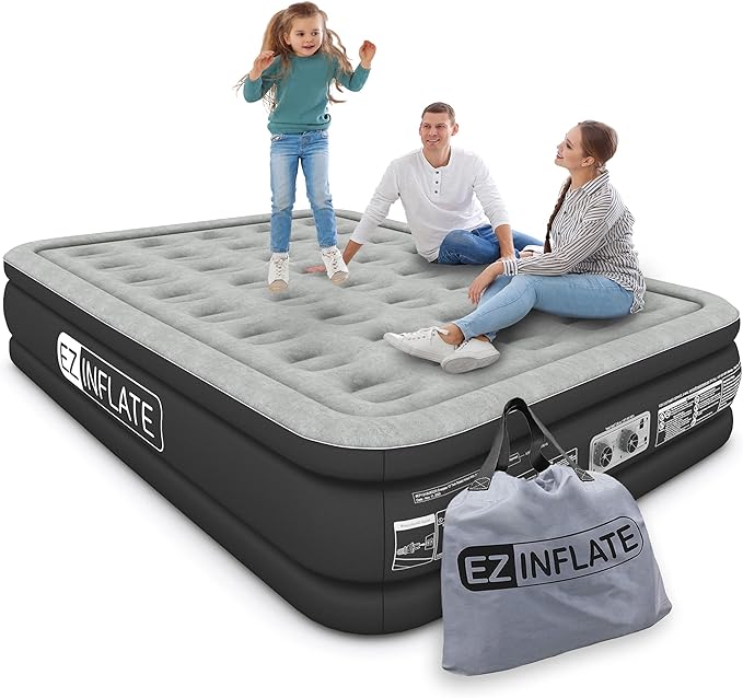 EZ INFLATE Air Mattress with Built in Pump - King Size Double-High Inflatable Mattress with Flocked Top - Easy Inflate, Waterproof, Portable Blow Up Bed for Camping & Travel