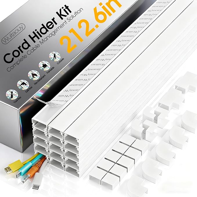 212.6in Cord Hider Kit, Cord Covers for 2-4 Wires on Wall, Self-Adhesive Cable Hider Wire Covers for Cords on Wall, Paintable Cord Hider for Walls Mount Tv, Cable Cover Raceway, W0.95 H0.55in, White