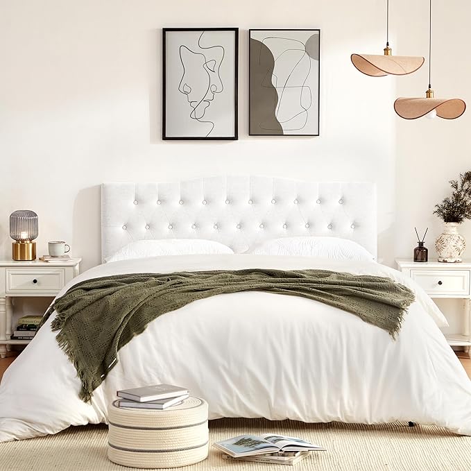 Tufted Upholstered Headboard California King, Sturdy and Durable Solid Wood Bed headboard, Fabric Headboard Adjustable Height from 37” to 51”, Button Diamond Design Head Board, White