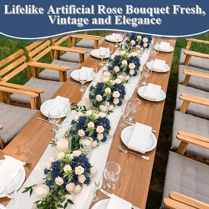 Zeyune 8 Pack 12 Inch Wedding Bouquets for Bride Bridesmaid Dark Blue and Champagne Artificial Rose Bouquet Fake Silk Roses Flowers Bunches Bulk for Home Office Garden Parties Decoration