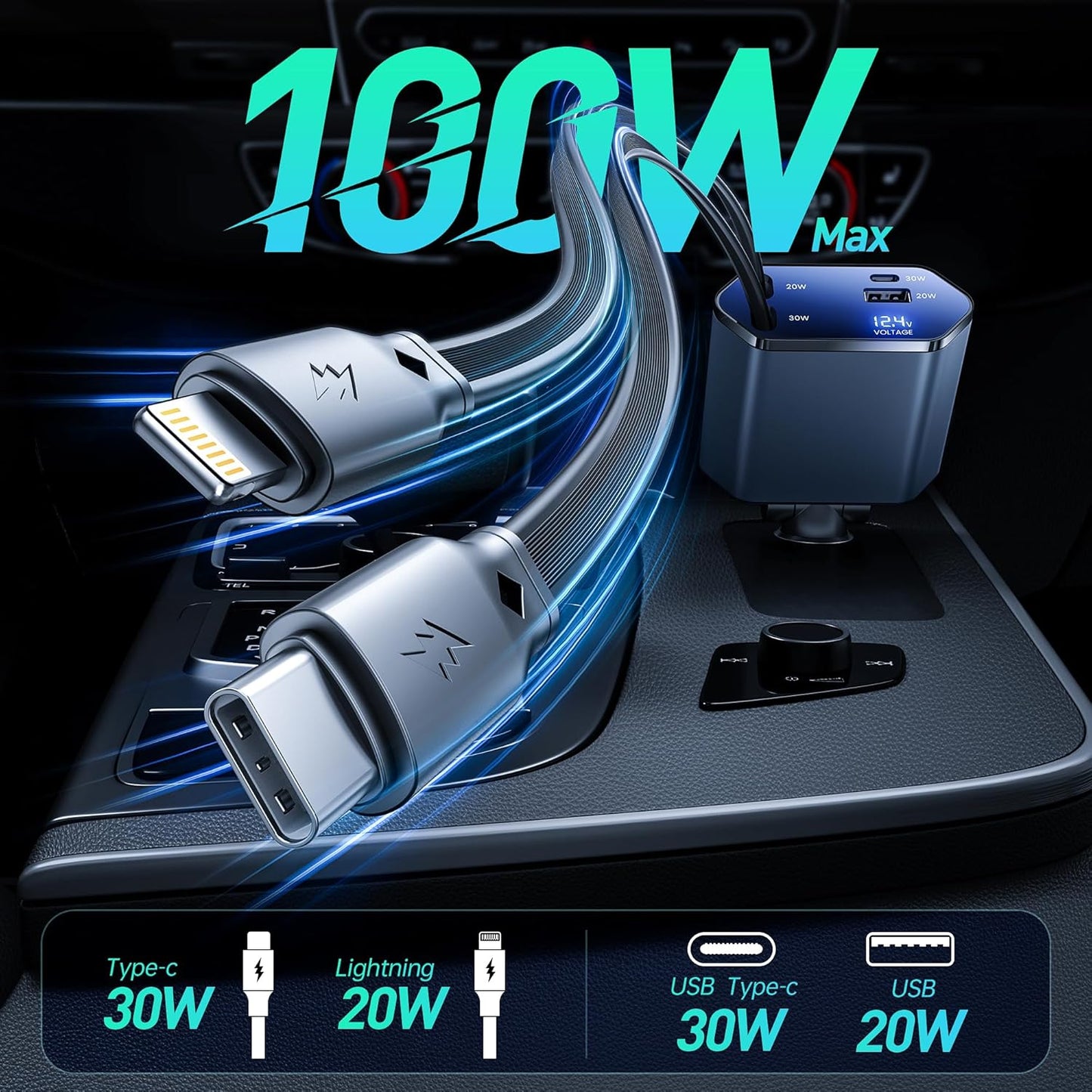 GUSGU 100W Retractable Car Charger, 4-in-1 Fast Charger with 2.6ft Cord, Lightning and USB-C Adapters