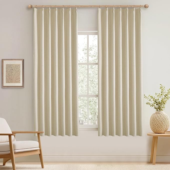 KangBang Pinch Pleated Blackout Curtains 63 Inch Length, Linen Textured Thermal Window Panels for Bedroom Kitchen,Small Window Black Out Drapes with Hooks, Natural Beige, 42Wx63L, 2 Panels