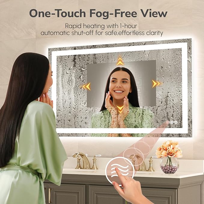 USHOWER LED Bathroom Mirror 55x30 Inch with Lights - Frameless Tempered Glass LED Backlit Lighted Mirror for Bathroom Vanity with Anti-Fog, 3 Colors Dimmable, Memory Function, Wall-Mounted