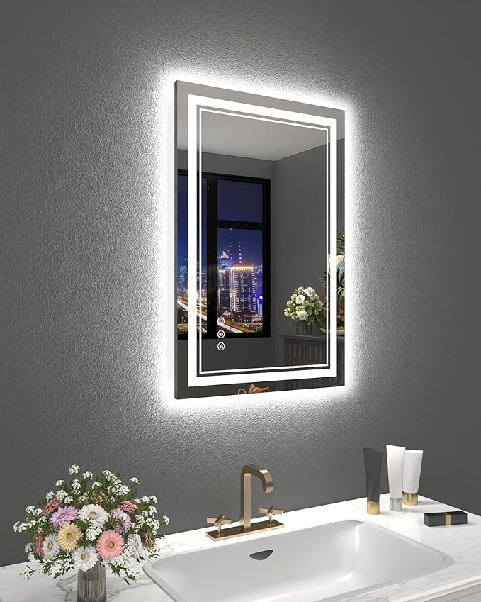 LED Mirror for Bathroom, 20x28 Inch Lighted Mirrors for Bathroom Wall with Unbreakable Tempered Glass, 3 Colors Stepless Dimmable, Super Bright 2 Front Lights + Backlit, Anti-Fog, Memory Function