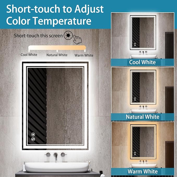 24 x 36'' LED Mirror for Bathroom Anti-Fog Dimmable 3 Colors Stepless Brightness