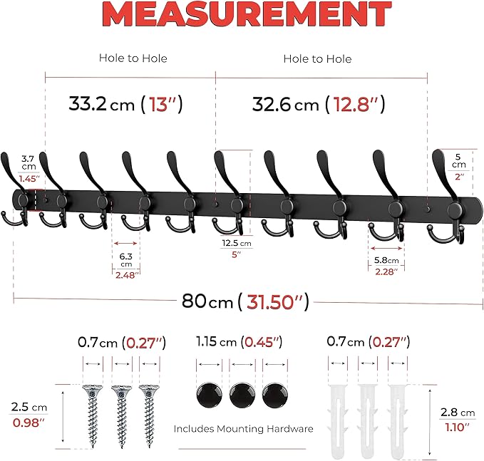 Coat Rack Wall Mount with 10 Tri Hooks, Stainless Steel 32 Inch – Black Matte Finish, Heavy Duty Wall Mounted Hook Rack for Coats, Hats, Towels, Scarfs, Robes, Bags, Entryway & Bathroom
