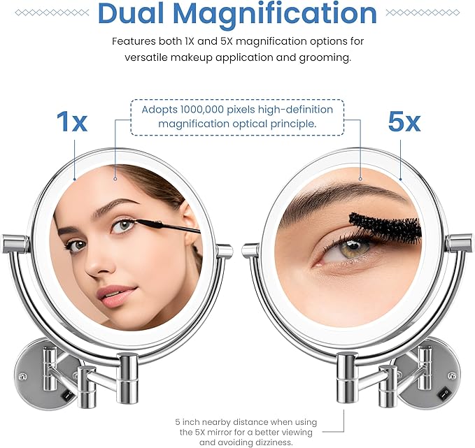KIBI Circular Wall Mount Makeup Mirror with LED Lights, Dual-Sided 1x/5x Magnifying Mirror with Adjustable Arm, 360° Swivel, Solid Brass Construction for Durability and Style (Chrome, KMM101)