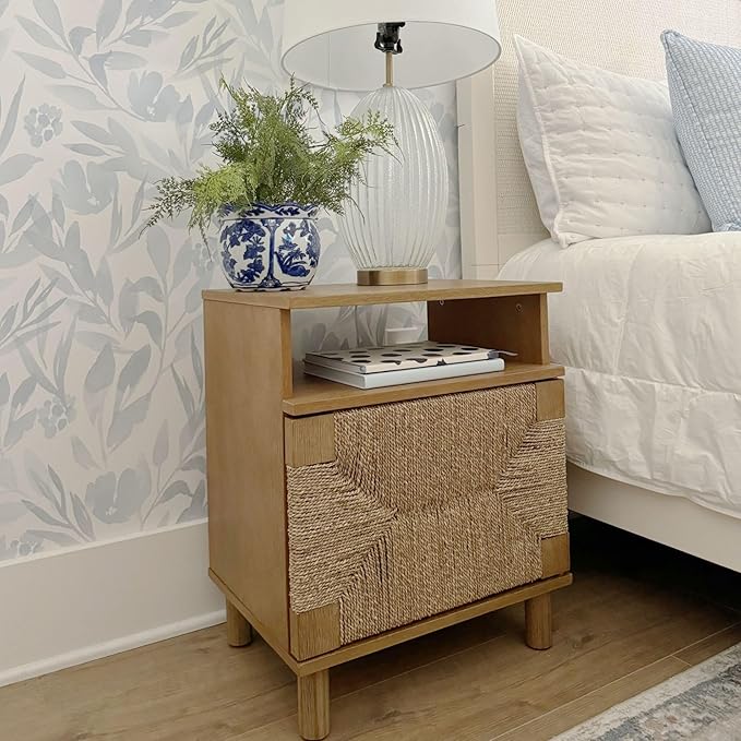 Nathan James Beacon Wood Nightstand, Bohemian Accent Table or Sofa Side Table with Seagrass Door for Bedroom or Living Room, Light Brown