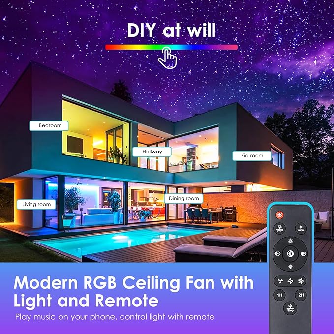 Ceiling Fans with Lights - Modern Flush Mount Ceiling Fan,16" RGB Dimmable LED Enclosed Ceiling Fans,Low Profile Bladeless LED-RGB Ambient Light for Bedroom Kids Room Party（Black）