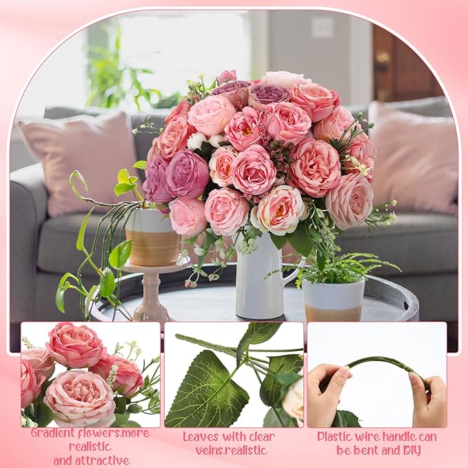 Geosar 16 Bundles Artificial Peonies Flowers Fake Silk Peony Bouquet Faux Peonies Flowers Bulk for Decoration Vase Floral Arrangements Wedding Party Table (Pink Lavender)