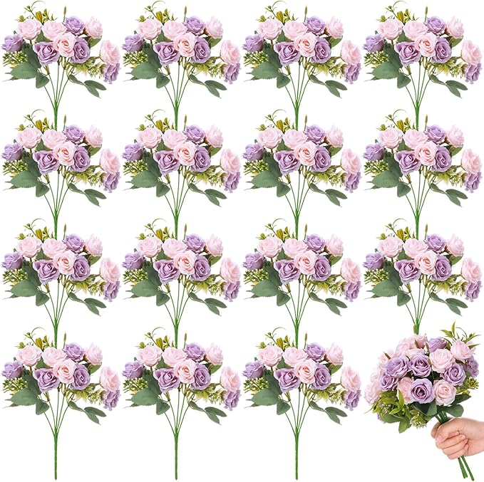 Zeyune 16 Bunches 12 Inch Artificial Mini Rose Bouquet 160 Heads Bridal Flower Bouquets Fake Silk Rose Bulk for Wedding Bridal Shower Christmas Home Office Garden Decoration(Pink and Purple)