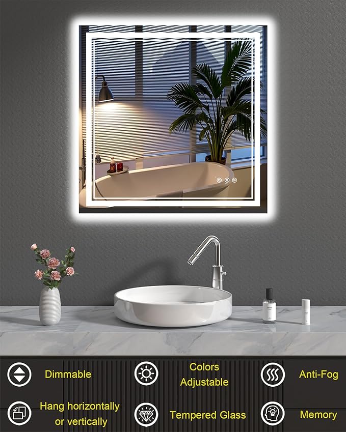 36x36 Inch LED Bathroom Mirror with Lights, Square Lighted Vanity Mirror for Bathroom Wall Mounted with Ample Illumination of 1 Backlit + 2 Front Lits, Defogging, Stepless Dimmable, Tempered Glass