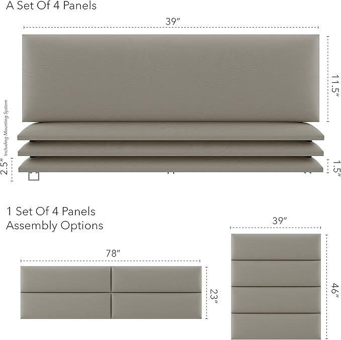 Vänt Upholstered Wall Panels - King/Cal King Size Wall Mounted Headboards - Vintage Leather Dusty Taupe - Twin/King - Set of 4 Panels (Each Individual Panel 39"x11.5")