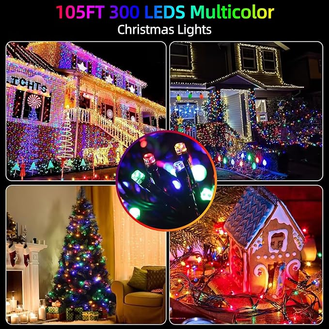 105FT 300LEDs Christmas Lights Outdoor Indoor String Lights 8 Modes Memory Function for Christmas Tree Party Decoration, 100% UL Listed (4 Sets CONNECTABLE) Multi-Color