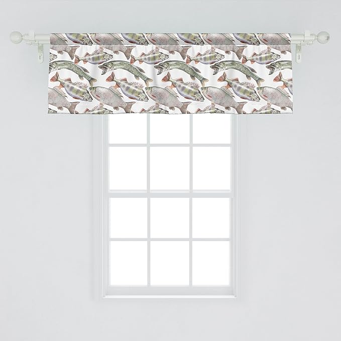 Ambesonne Fishes Window Valance Pack of 2, Watercolor Common Carp Perch and Bass Freshwater Animals Themed Seafood Drawing, Rod Pocket Curtain Valances for Kitchen Bedroom, 42" X 18", Pale Blue Grey