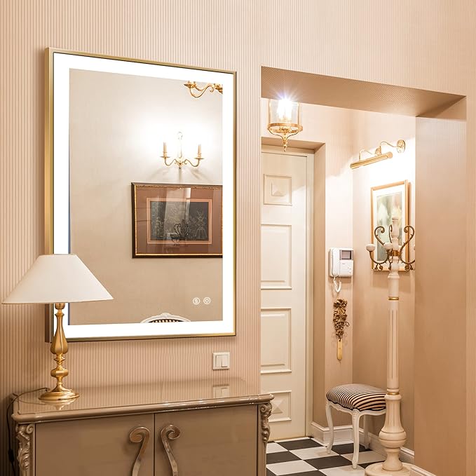 LED Lighted Bathroom Mirror 24 x 36 Inch, Champagne Gold Framed Wall Mounted Dimmable Vanity Mirror, Anti-Fog Touch Sensor, Adjustable Color Warm/White/Natural