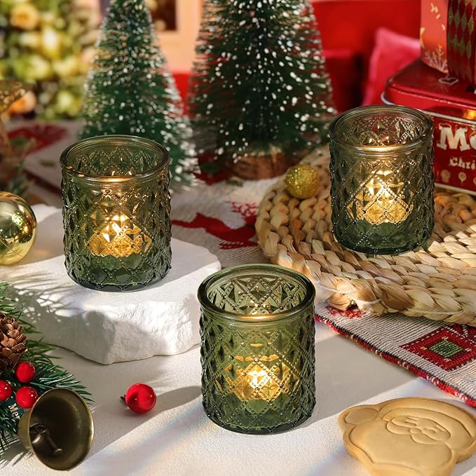 20 Pcs Votive Candle Holders, Green Glass Candle Holder for Wedding Table Centerpiece, Tea Lights Candle Holders for Christmas Decor, Party and Fireplace Home Ornaments Wedding Party Indoor Decor