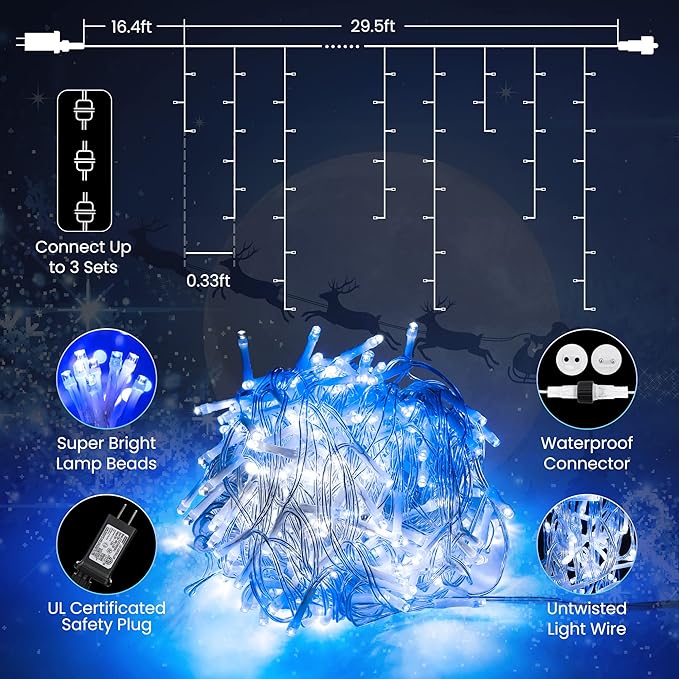 Toodour White & Blue Christmas Icicle Lights, 29.5ft 360 LED Icicle Lights, 8 Modes, 60 Drops, Window Curtain Led Christmas Light, Icicle Twinkle Light for Eaves, Party, Wedding, Xmas Decorations