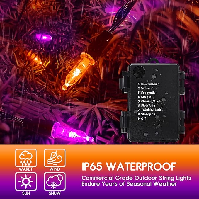 KOUQIYA Battery Halloween Lights, 2 Pack Total 100 LED 17ft Mini String Light with Auto-Timer 8 Modes Waterproof Tree Lights (Orange&Purple, 50 LEDs x 2 Pack)