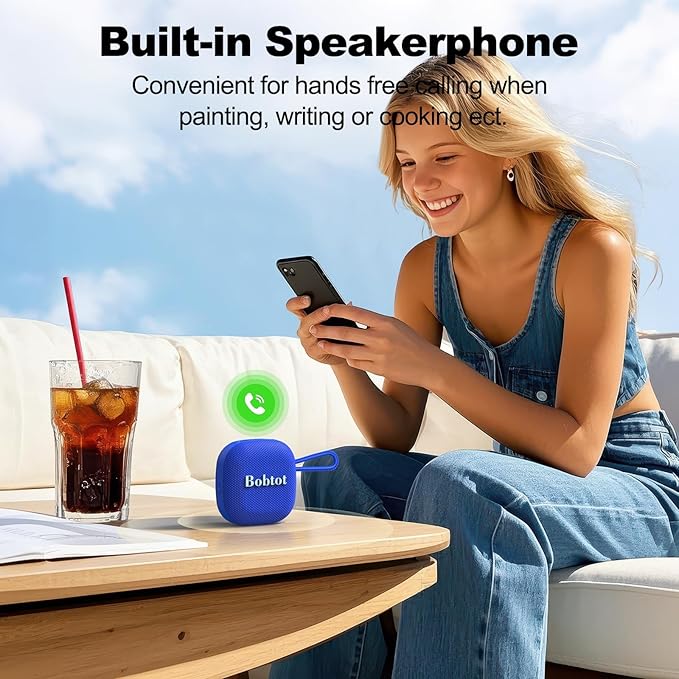 Bobtot Portable Wireless Bluetooth Speakers - IPX7 Waterproof Small Shower Speaker with 16 Hours Playtime, Loud Stereo Sound, Built-in Mic, TWS, Mini Size with Carry Lanyard for Outdoor, Blue