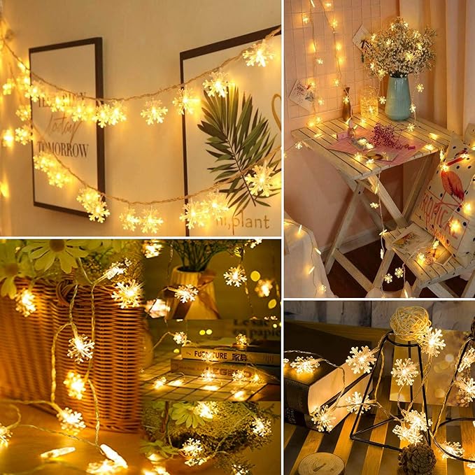 BrizLabs Snowflake Lights, 40 LED 16.08ft Christmas Lights with Remote, Twinkle Snowflake String Lights Battery Operated, 8 Modes Xmas Light Waterproof for Outdoor Indoor Tree Room Decor, Warm White