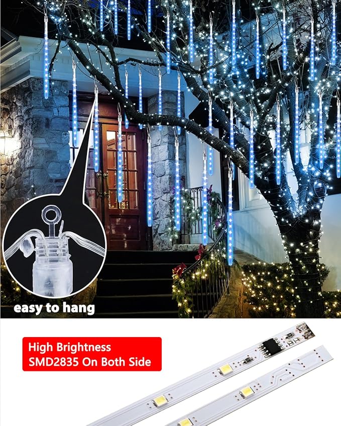 Joomer Christmas Lights Outdoor, 11.8 inch 10 Tubes 240 LED Meteor Shower Lights, LED Snow Falling Icicle Cascading Light with Timer Waterproof and Connectable for Christmas Decoration (Blue)